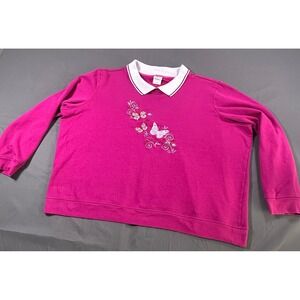 Adrian Delafield Womens Butterfly Embroidered Polo Collar Sweatshirt Pink XX VTG